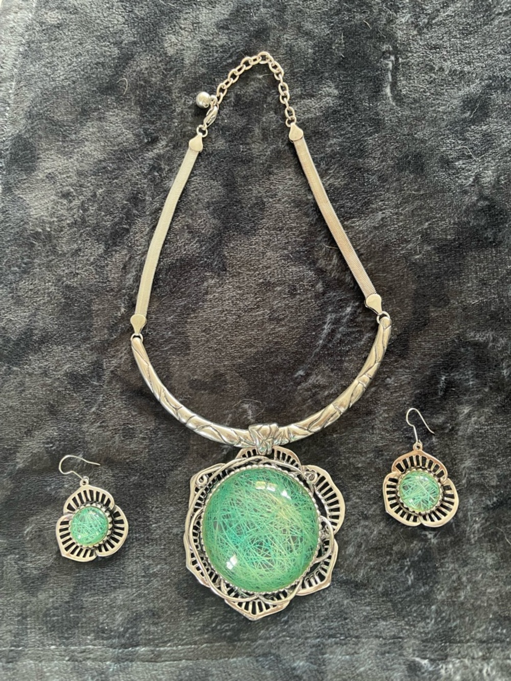 Silver-Tone Necklace and Earring Set with Mint Green Orb Pendant - Women Jewelry